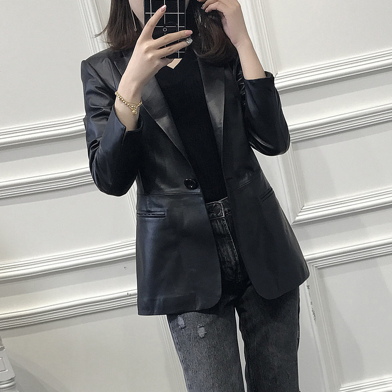 2021 spring and autumn new Haining leather leather women's regular slim sheepskin suit collar jacket nine-point sleeves