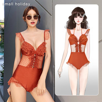 Douyin same swimsuit womens one-piece swimsuit sexy lace small chest gathered to cover the belly thin net red holiday swimsuit