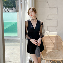 One-piece swimsuit female hot spring skirt sexy backless cover belly slim long sleeve sunscreen fashion slim beach swimsuit