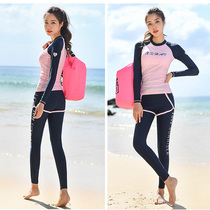 Long sleeve swimsuit female split flat angle skirt Conservative belly thin sunscreen three-piece student fairy swimming swimsuit summer