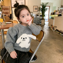 Girls sleeve hooded sweater 21 Winter Korean version Childrens baby girls baby white rabbit cute line-shirt round collar-knitted sweatshirt for a ride