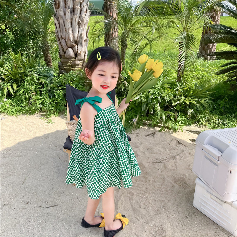 Girl Cool Harness Ocean Dress 2021 Xia Han Edition Woman Baby Green Irregular Wave Point Cotton Fabric Lace Vest