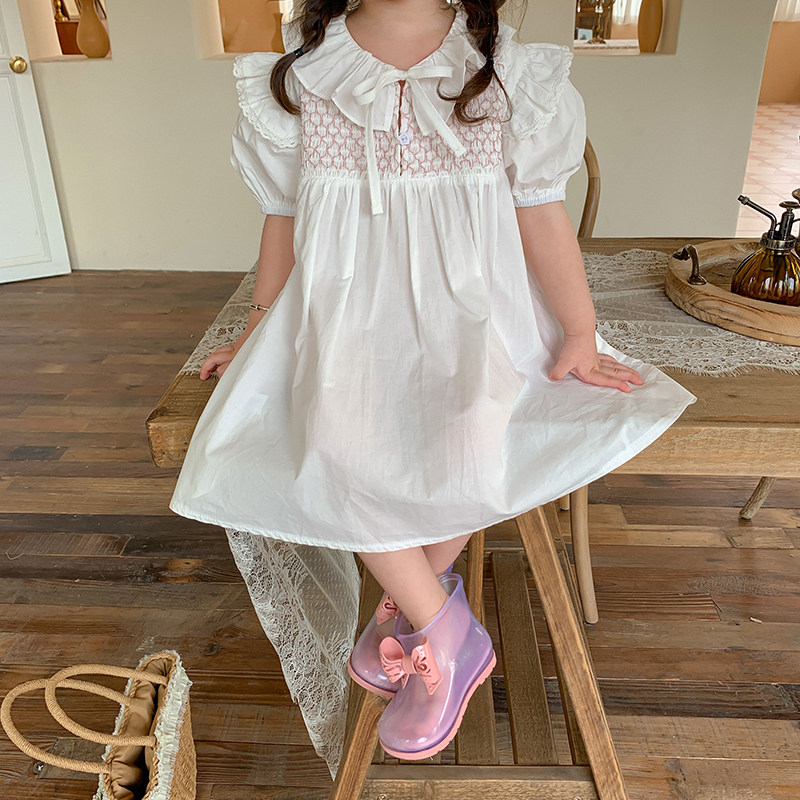 Girls short-sleeved dress 2021 summer Korean version of children's baby lace collar flying sleeves pure cotton foreign style white fairy dress