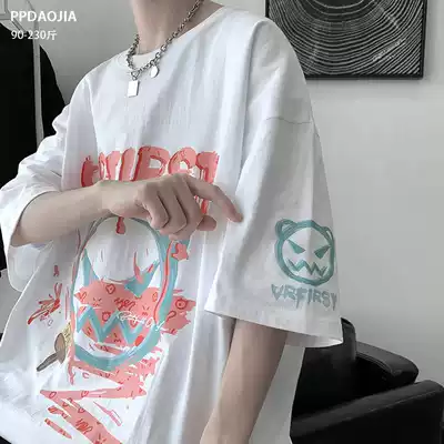 Devil printed short-sleeved T-shirt men's ins Tide brand summer loose large size Net red ins Super fire couple shirt trend