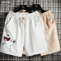Fat Japanese bear printed linen shorts Mens loose plus size fat slim five-point pants trend big pants