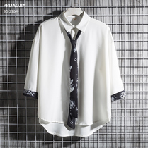 Ice silk shirt Short-sleeved mens summer dk uniform tide brand loose very fairy shirt three-point sleeve Ruffian handsome trend clothes