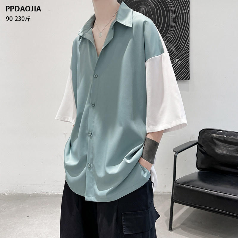 Summer Hong Kong style Japanese blue and white stitching ice silk shirt men's short-sleeved loose casual ruffian handsome shirt trend jacket men