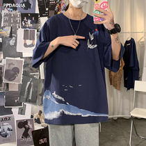 Summer Chinese style linen short-sleeved T-shirt men loose clouds printed cotton linen half sleeve handsome trend versatile top