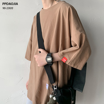 Summer simple linen short-sleeved t-shirt mens fashion brand ins loose label half sleeve handsome student trend wild T-shirt