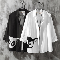 Summer Hong Kong style Japanese tooling Ruffian handsome shirt mens long-sleeved loose plus size shirt trend three-point sleeve jacket mens clothing