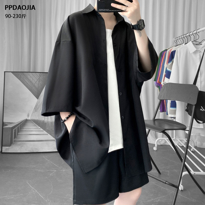 Summer tide brand lazy wind ice silk shirt men's short-sleeved loose ruffian handsome shirt trend thin three-quarter sleeve jacket men