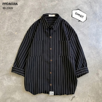 Summer Hong Kong style Japanese striped shirt mens short-sleeved loose large size ruffian handsome retro plaid shirt three-point sleeve jacket