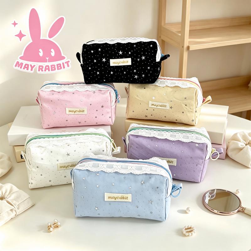 Mayrabbit Sweet Silver-Stamped Star Lace Pencil Case Student Stationery and Makeup Dual-Use Portable Storage Bag Mayrabbit Sweet Silver-Stamped Star Lace Pencil Case Student Stationery and Makeup Dual-Use Portable Storage Bag