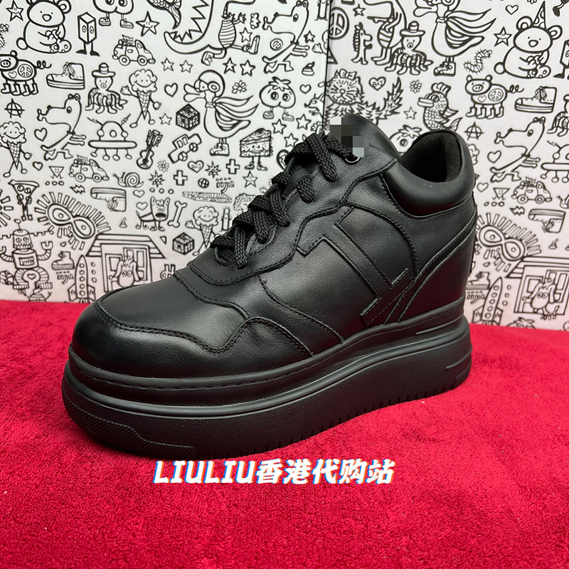 Cecilia Cheung's Same Style Invisible Height-Increasing 9cm Black Leather Simple Casual Thick-Soled Sports Women's Shoes Yf283Ioa