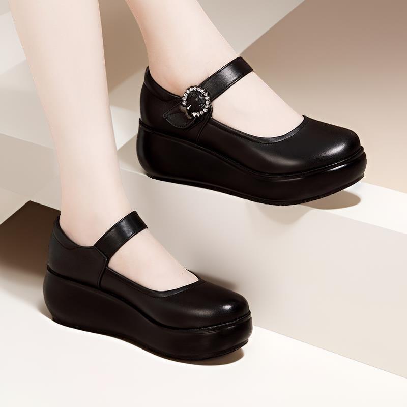 Wedge-Heeled Shallow-Mouthed Single Shoes, Autumn Genuine Leather Mid-Heel Thick-Soled Waterproof Platform Flat Comfortable Mom Shoes, Round-Toe Large Size Women's Shoes