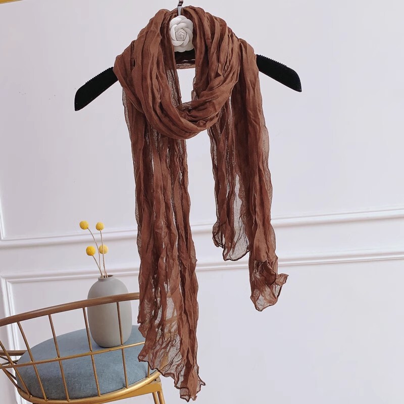 Caramel Color Cervical Spine Cotton and Linen Scarf for Women Slender and Narrow Spring & Fall Versatile Long Thin Pleated Linen Silk Scarf Summer