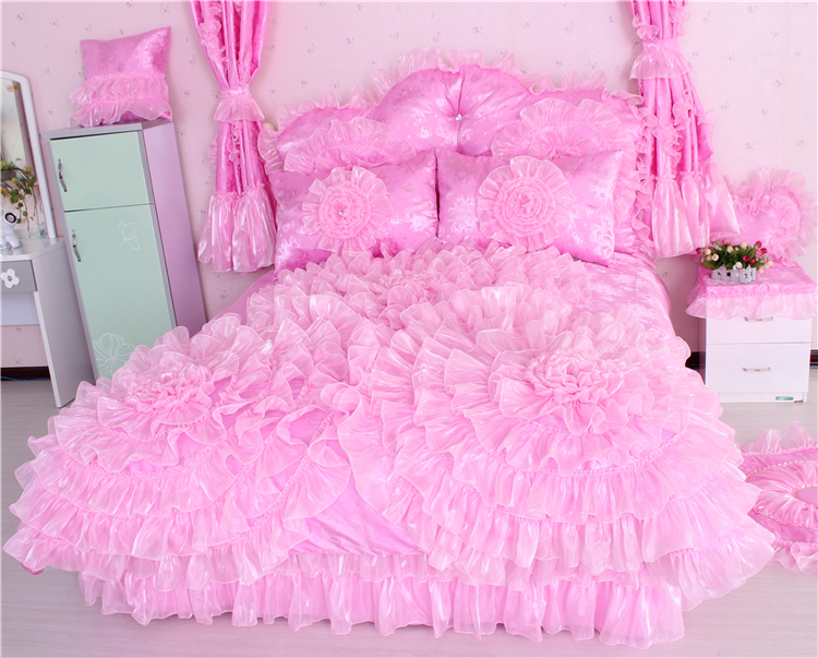 Hồng satin bông denim Hàn Quốc phiên bản của bông công chúa gió ren chăn 1.8m mới miễn phí vận chuyển 4 bộ - Bộ đồ giường bốn mảnh chăn ga gối đệm giá rẻ