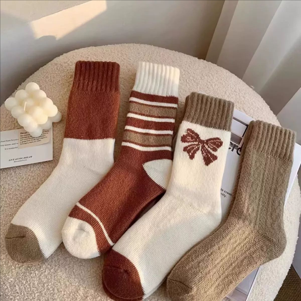 厚袜子女秋冬咖色加厚全毛巾中筒袜保暖加绒学院风纯色毛圈长筒袜