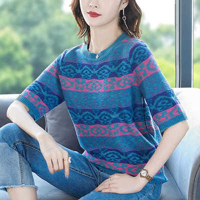 ZZ15复古条纹短袖T恤女2021新款ins潮夏装短款大码针织衫宽松遮肚