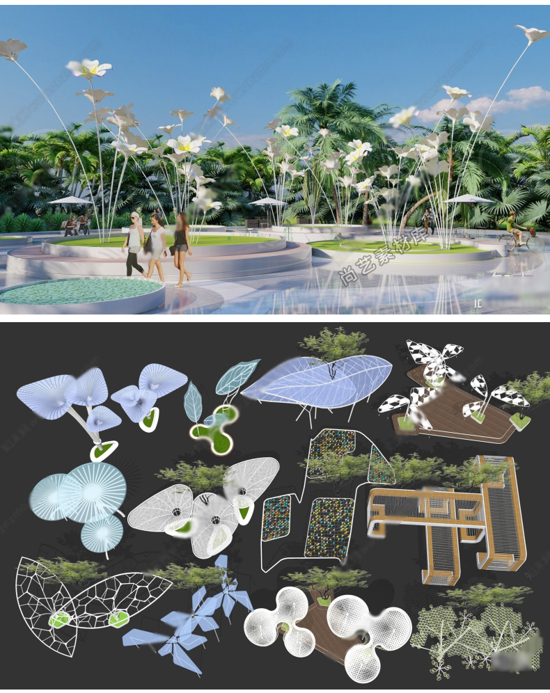 图片[11]-花瓣主题构架艺术装置SU模型树叶户外廊架休息区创意座椅草图大师-cg男孩