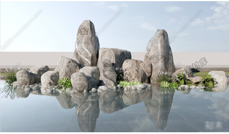 草图大师新中式假山石头景观石太湖石置石枯山水景观小品SU模型-cg男孩