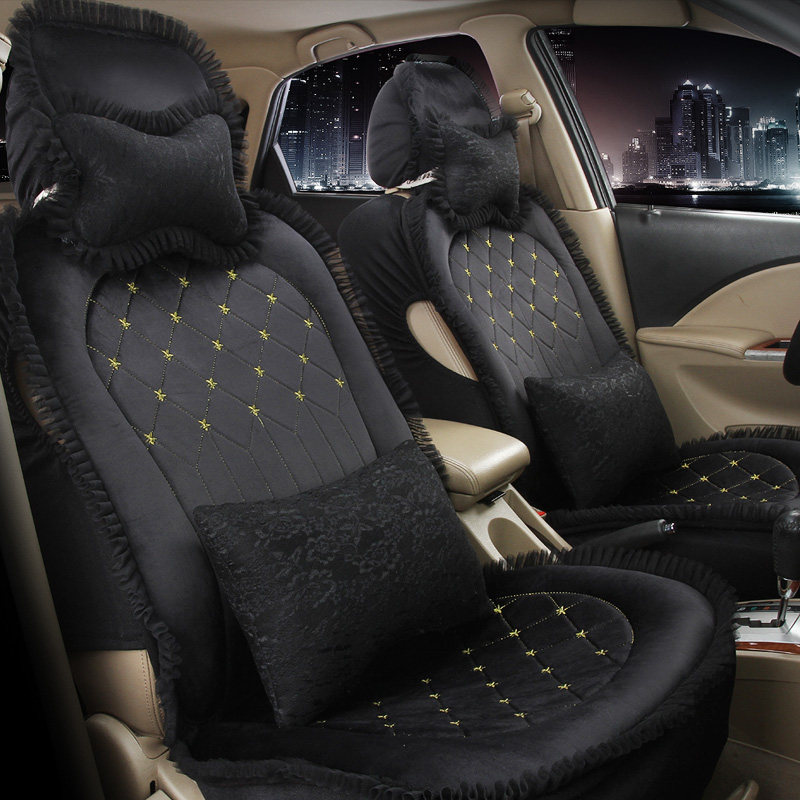 Car cushion four seasons universal winter plush cushion female cute lace car cushion fully surrounded by wool pad