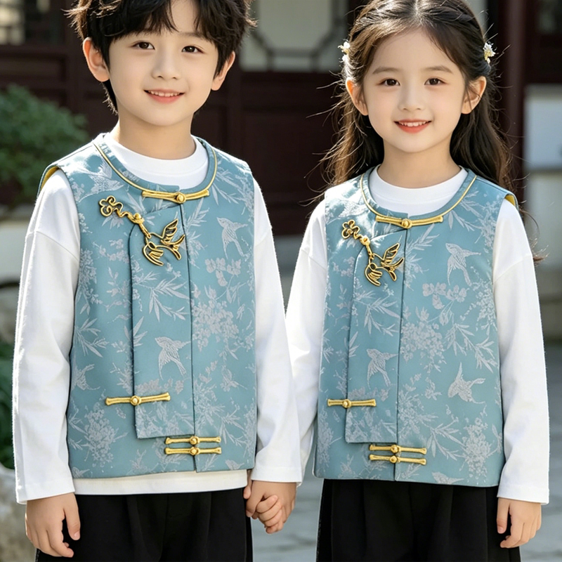 【Son X Same Style】New Chinese-Style Vest with Bird Jacquard, Traditional Chinese-Style Button-Up Vest for Girls and Boys