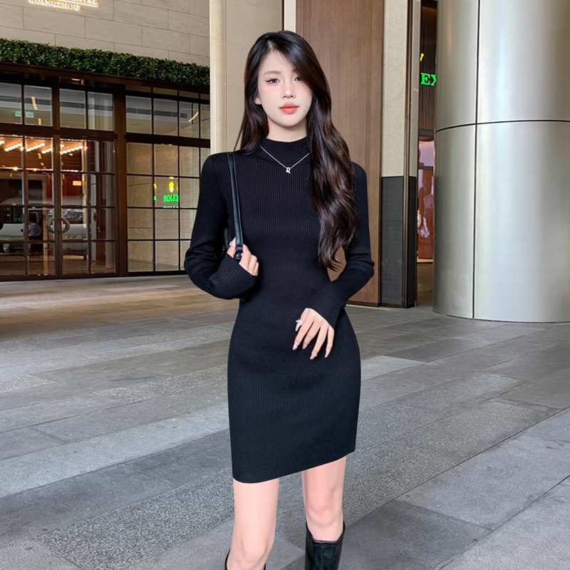 Inner Hitch Undercoat Dress 2023 New Autumn Winter Matching Coat Superior Black Bag Hip Dress with knitted sweater dress-Taobao