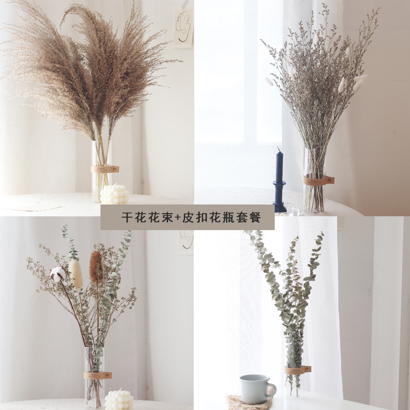 Dried Flower Bouquet Belt Glass Vase Reed Grass Eucalyptus Leaf Gift Ornament Table Top Decoration Shop Display
