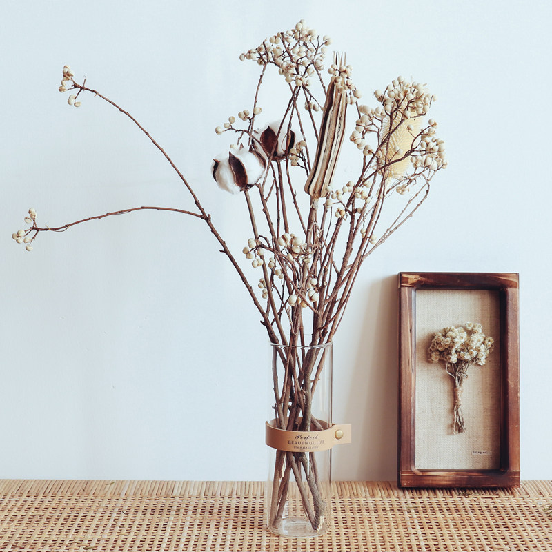 WULIHOME Nordic wind small white fruit autumn sunflower cotton dry flower bouquet vase with reed tabletop pendulum