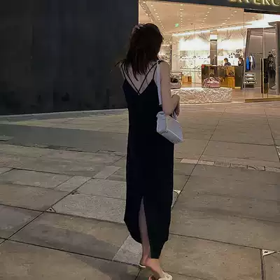 Concubine careful machine backless sling dress women's back split V temperament loose thin acetic acid satin long skirt