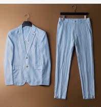 Linen suit A set of mens spring and autumn thin fashion embroidered Korean version of the trend suit nine-point pants two-piece set