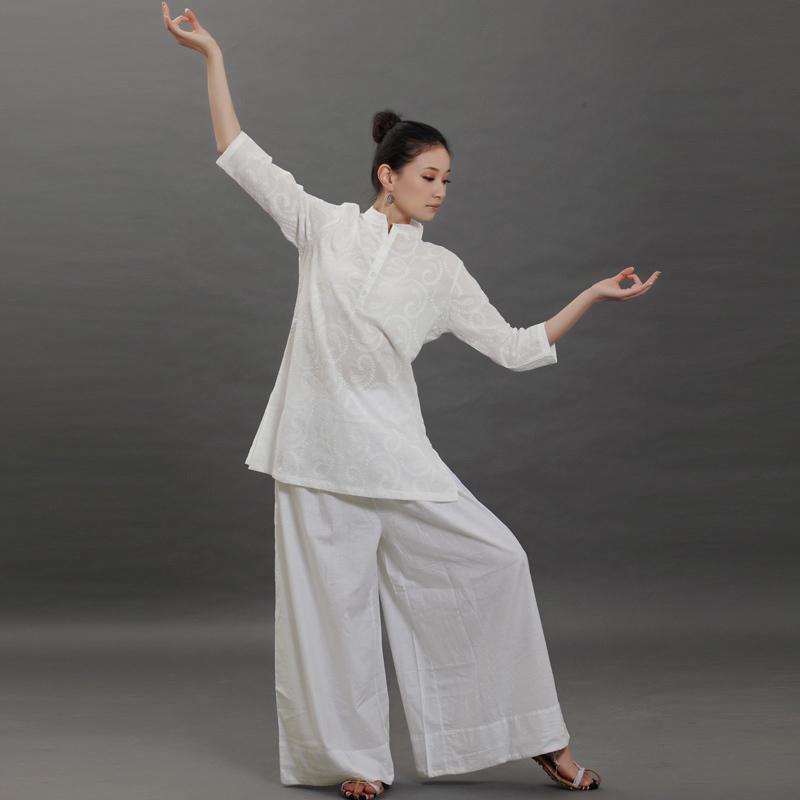 Cloth cicada Zen embroidery Kundalini white loose yoga clothes practice clothes dance rhyme wide leg culottes women's suit