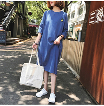 Summer new oversized short-sleeved split striped dress maternity dress fat mm loose dress