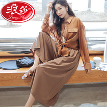 Langsha 2022 summer new wide-leg pants womens high waist loose large size hakama thin section quick-drying casual cropped pants