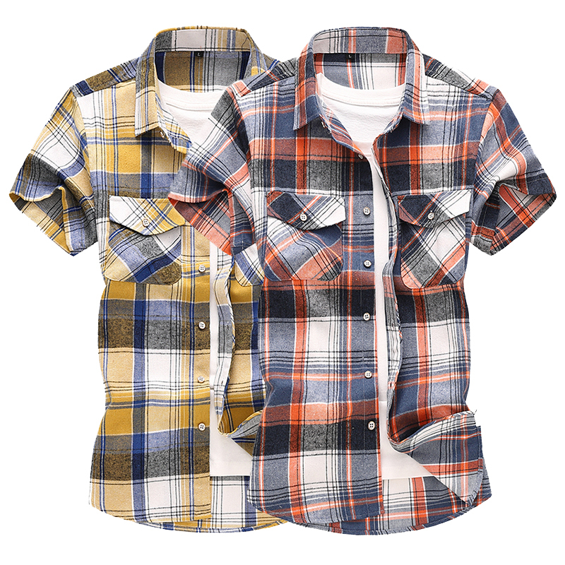 Summer Brushed Short-Sleeved Large Plaid Shirt for Men with Double Pockets, Plus Size, Stylish and Casual Half-Sleeve Shirt for Young Men