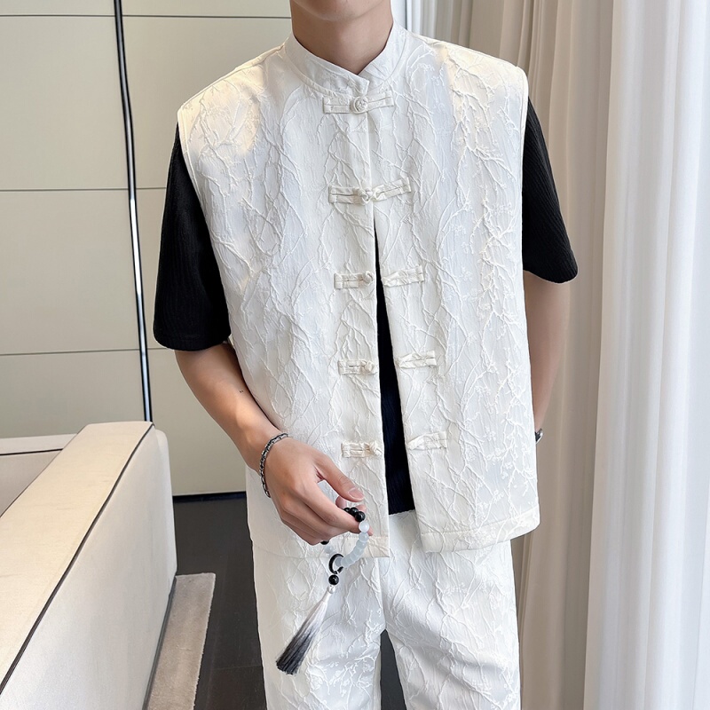 Summer Jacquard Retro Sleeveless Shirt for Men, Chinese Style Loose Breathable Vest Jacket with Button Embroidery Casual Shirt