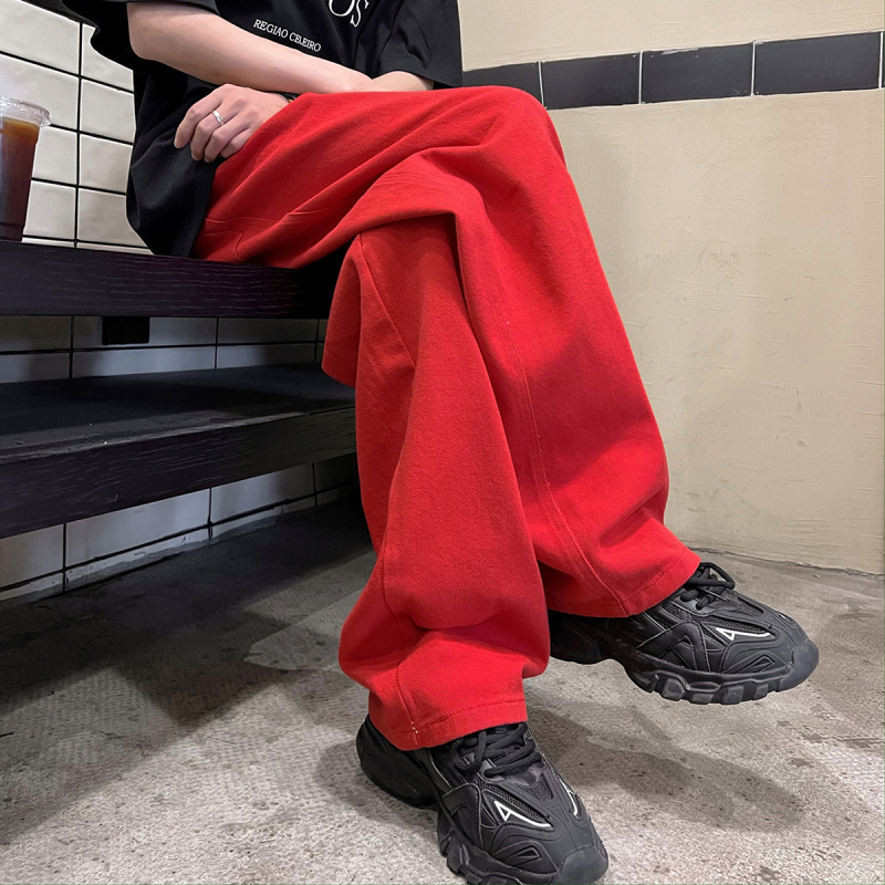 American Retro Loose-Fitting Bright Red Pants, European and American Trendy Casual Long Pants, Unisex Wide-Leg Straight-Leg Jeans ins