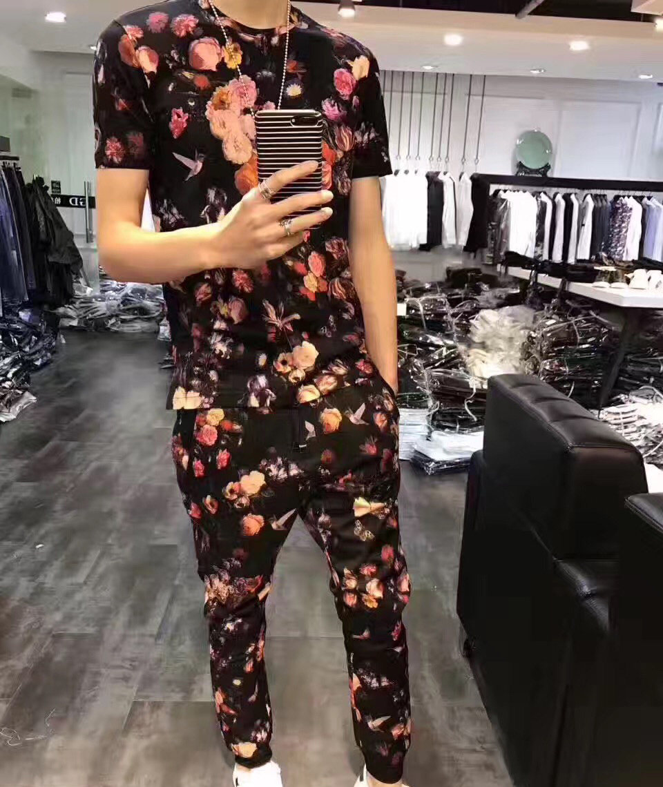 男士2017新款夏季潮男百搭韩版修身短袖套装青年潮流花衣服两件套