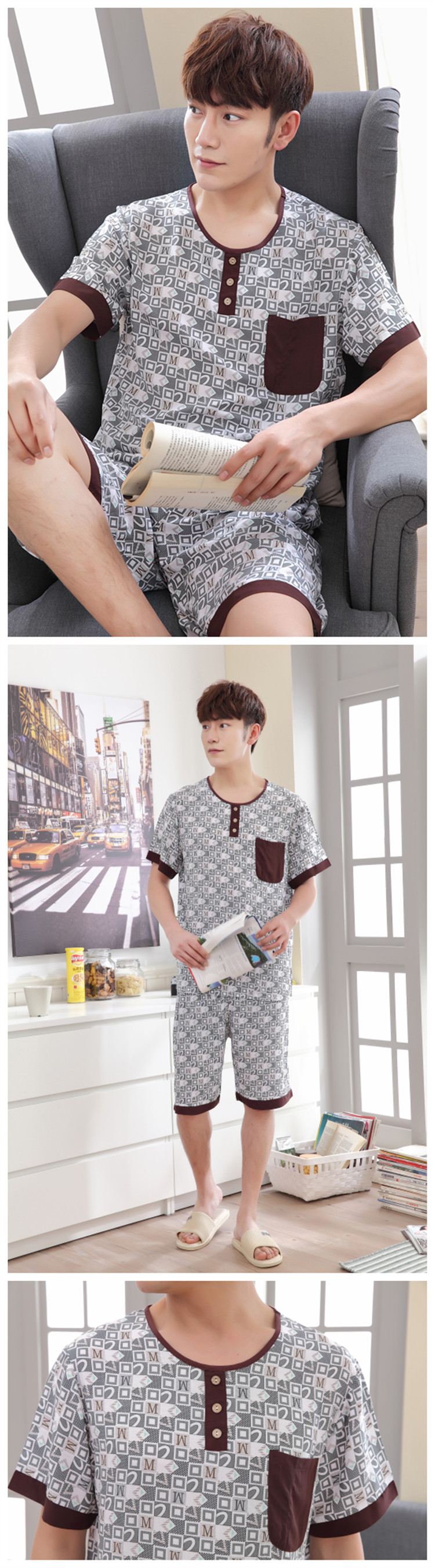 Của nam giới mùa hè cotton lụa phù hợp với cardigan nhân tạo cotton ngắn tay đồ ngủ trung niên cotton XL dịch vụ nhà bộ pijama nam