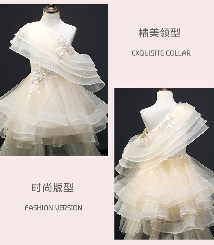 Hoa cưới cô gái tutu mẫu catwalk ngắn trước đuôi dài một bên vai đầm trẻ em trang phục piano quần áo be gái 10 tuổi