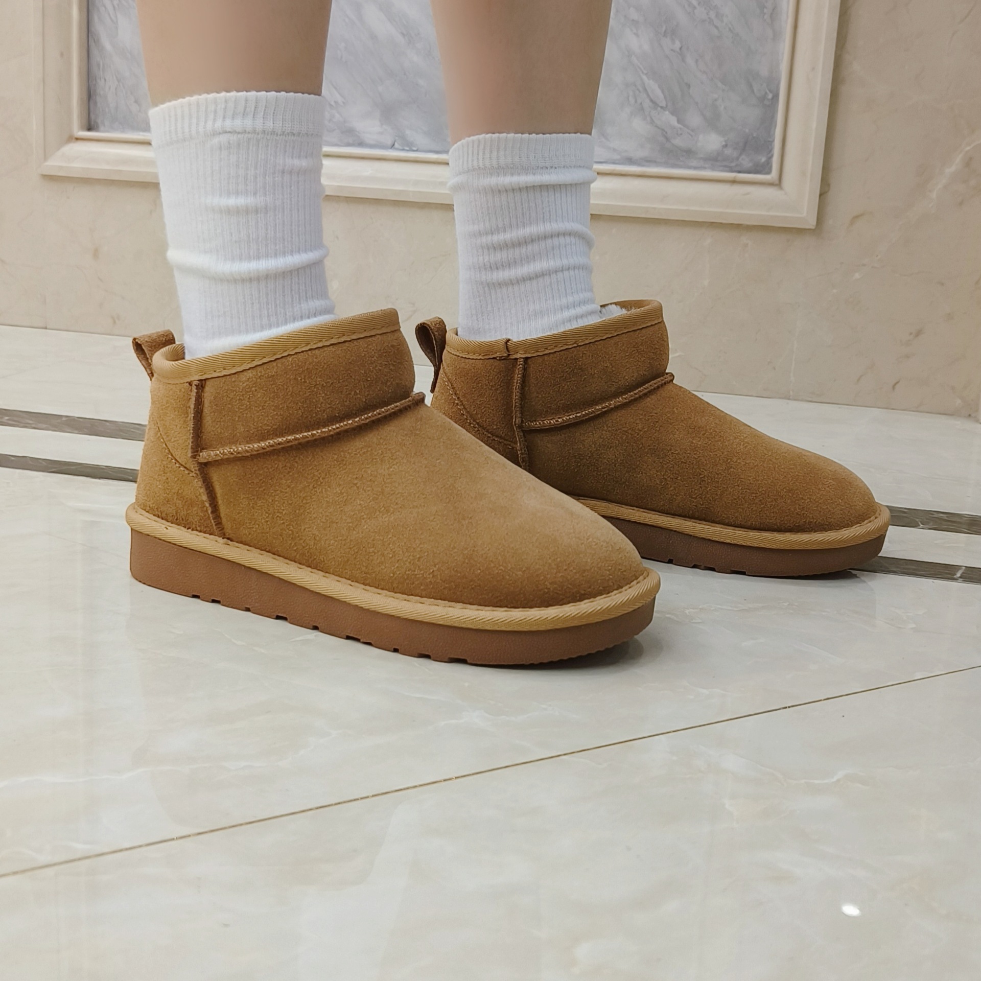 Snow Boots Woman 2023 Winter New Korean version Flat heel Rubber Bottom Short Drum Suede Short Boots Students Flat-bottomed Cotton Shoes-Taobao