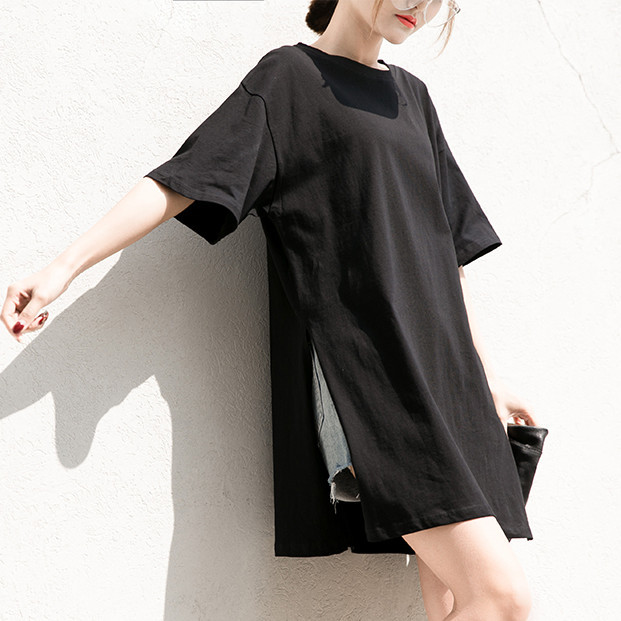 Black Mid-Length Loose Short-Sleeved T-Shirt with Slits on Both Sides of the Hem, Women's Summer Plus-Size Pure White Oversized T-Shirt