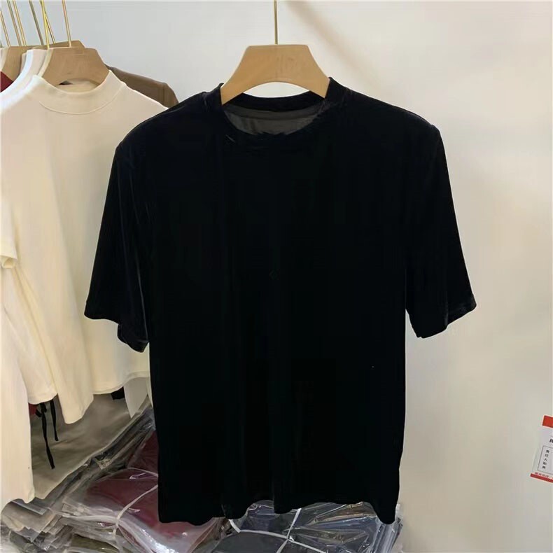 High-End Velvet Top, Swan Round Neck Short-Sleeved T-Shirt for Women, Soft and Stretchy, Fashionable Gold Velvet Black Large Size Top