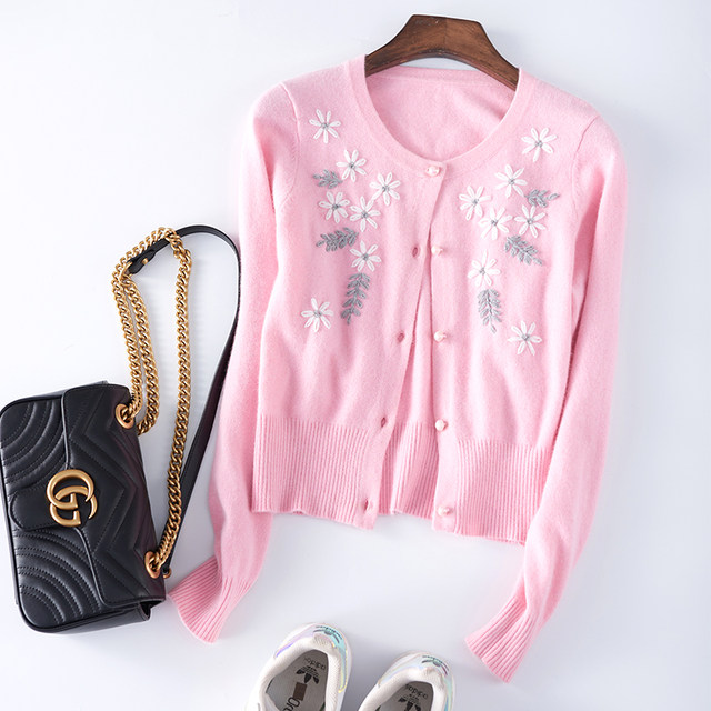 2023 Spring Ladies New Handmade Embroidered High Waisted Cashmere Round Neck Cardigan Pink Knitted Wool Jacket