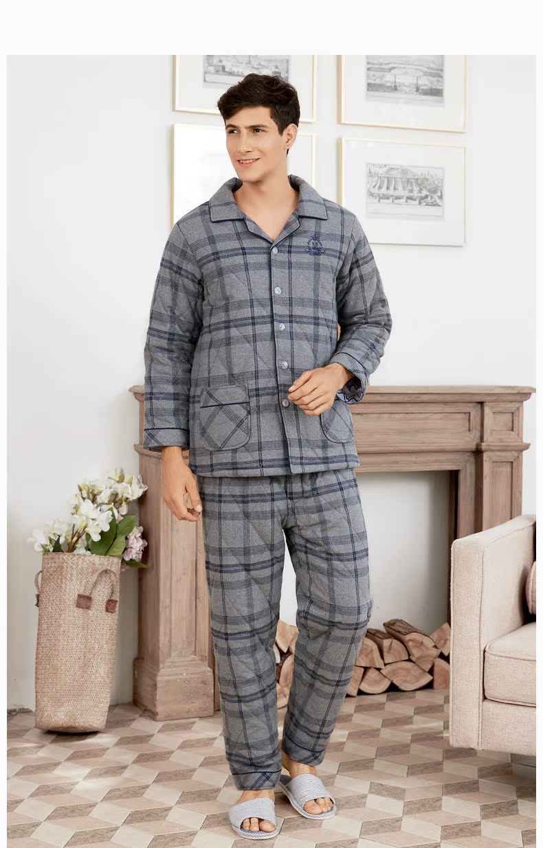 Mỹ tiêu chuẩn mùa thu và mùa đông mới dày áo bông dài tay nam đồ ngủ đơn giản lưới ấm dịch vụ nhà có thể được mặc bên ngoài phù hợp bộ đồ ngủ nữ