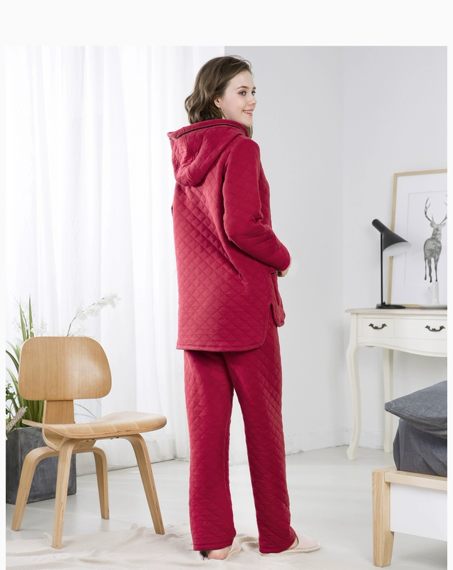 Mỹ tiêu chuẩn mùa thu và mùa đông quilted đồ ngủ nữ ấm áp trùm đầu gác lửng phim hoạt hình dài tay áo len nữ dịch vụ nhà có thể được mặc đồ bộ mặc nhà bằng vải thun