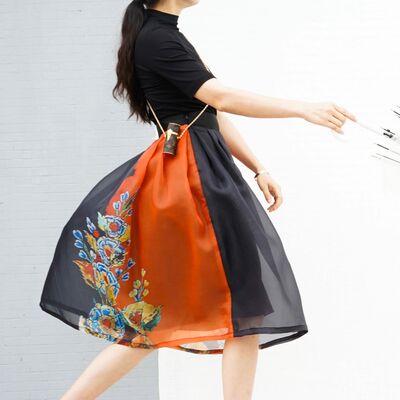 Yikarthur's new color-blocking printed puffy skirt, retro and elegant MIDI skirt, organza MIDI skirt for women's summer