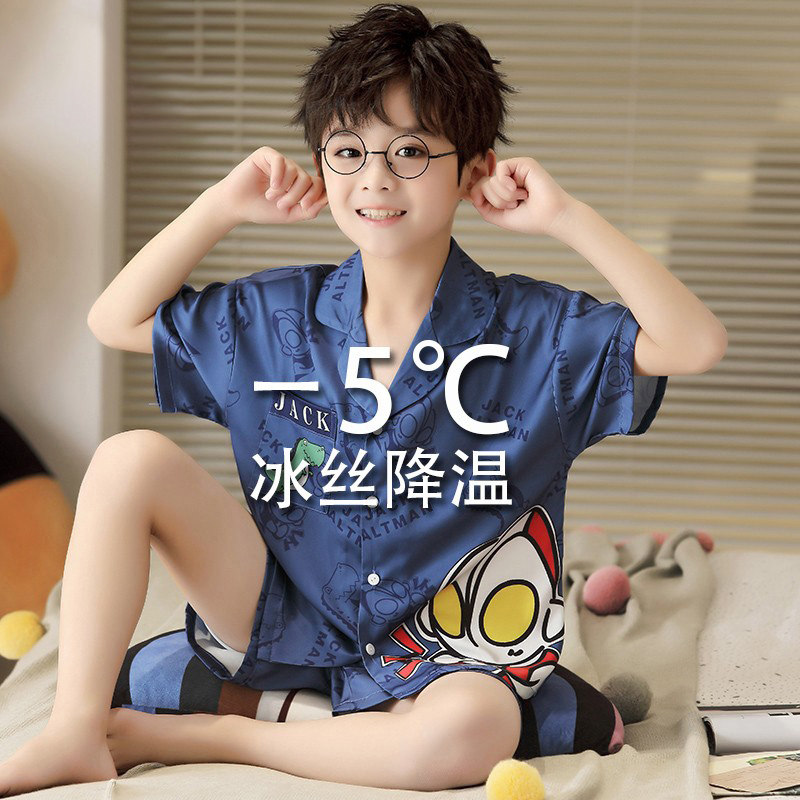 Children's pajamas, boys' summer thin short-sleeved ice silk air-conditioned clothes, summer parent-child silk boys' imitation silk suit