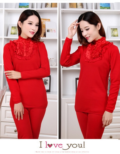 Đầm ren cổ cao nữ đồ lót nhiệt set đồ dày cộng với nhung công chúa cổ áo cotton mùa thu quần dài mặc bộ bó sát giữ nhiệt nam